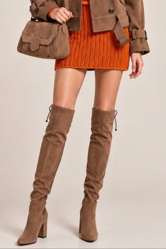 Women's chocolate brown custom-made thigh-high boots with round toe and high block heel - Worn view